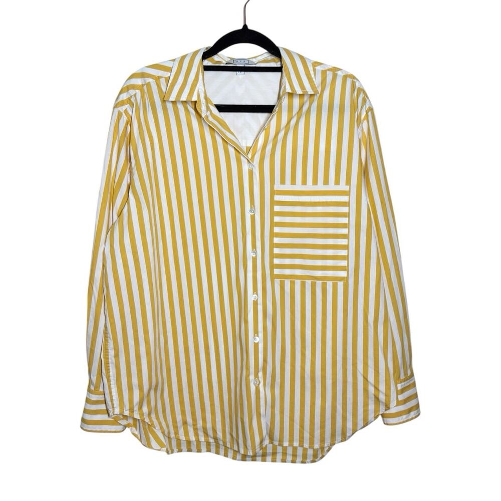 AYR Yellow White Striped Coastal Casual Relaxed Deep End Button Up Shirt Small